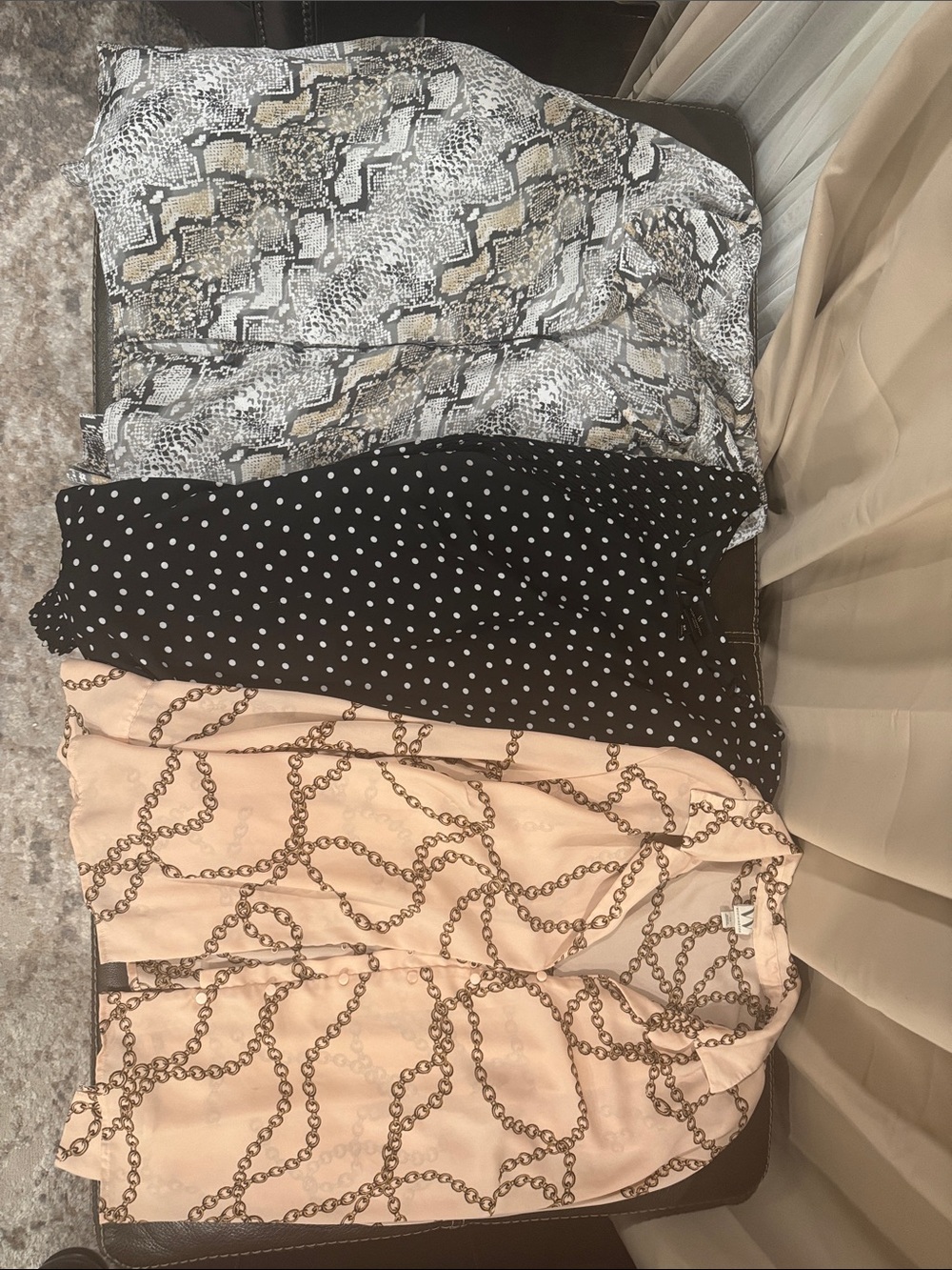 Worthington Pink Chain Print Blouse, Black Polka Dot Top & Snake Print Blouse